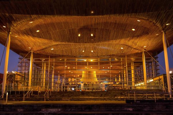 Senedd Cymru at night