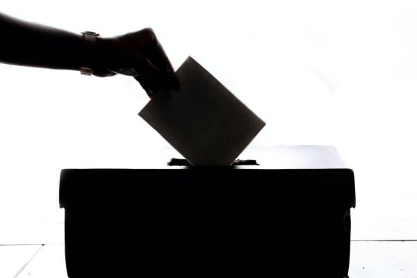 a black and white image of a person posting their ballot paper into a box