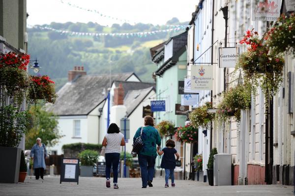 an adult and 2 children walking through a high street in Wales